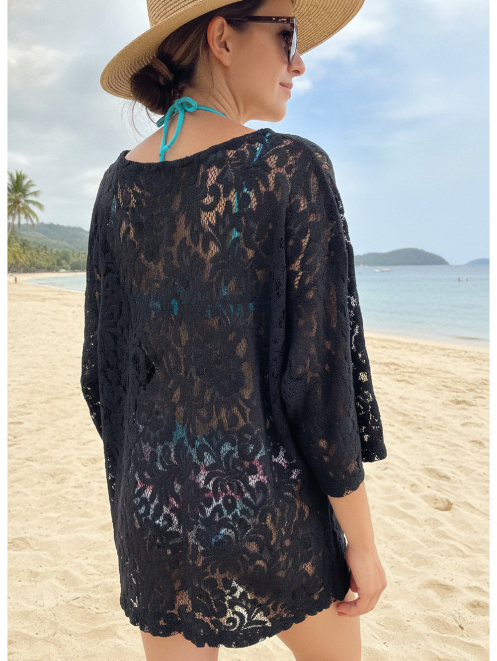 060 Inescubé Black Floral Lace Long Sleeve Top/Cover Up Small